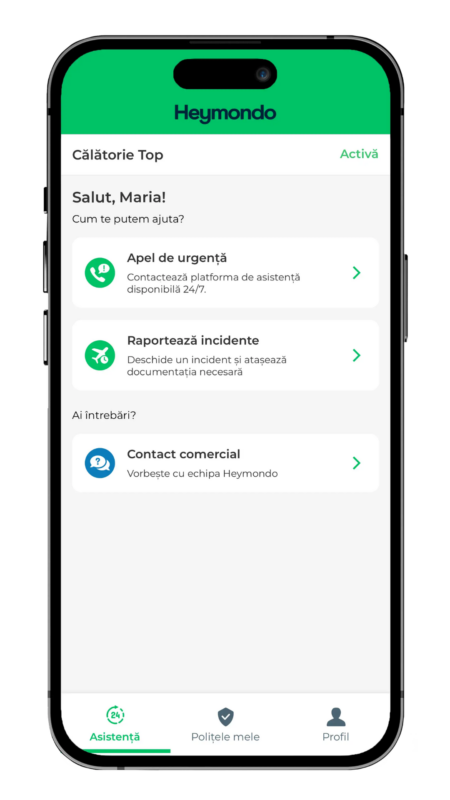 Un smartphone afișează interfața unei aplicații mobile pe un fundal alb.
